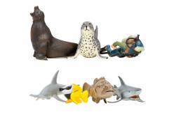 Фигурки игрушки серии Мир морских животных. Акула,морской леопард, рыба-лиса, морской лев, рыба-молот, рыба групер , дайвер (набор из 6 фигурок животных и 1 ч