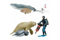 Фигурки игрушки серии Мир морских животных. Серый кит, ламантин, акула, кожистая черепаха, рыба групер, дайвер (набор из 5 фигурок животных и 1 человек)