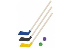 Клюшки детские хоккейные 80 см, 3 штуки (цвет: желтый, черный, синий) + 2 шайбы