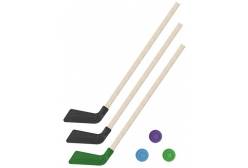 Детский хоккейный набор Зима, лето 3 в 1: клюшки 80 см (2 черных, 1 зеленая) + 3 шайбы